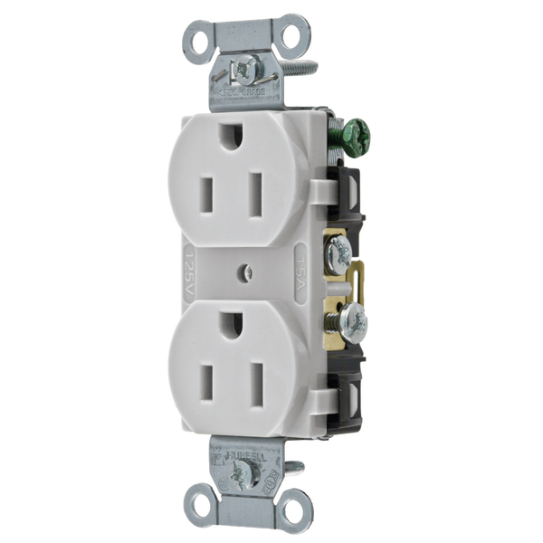 Hubbell Wiring Device-Kellems Straight Blade Devices, Receptacles, Duplex, Commercial Grade, 2-Pole 3-Wire Grounding, 15A 125V, 5-15R, Office White, Single Pack CR15OW